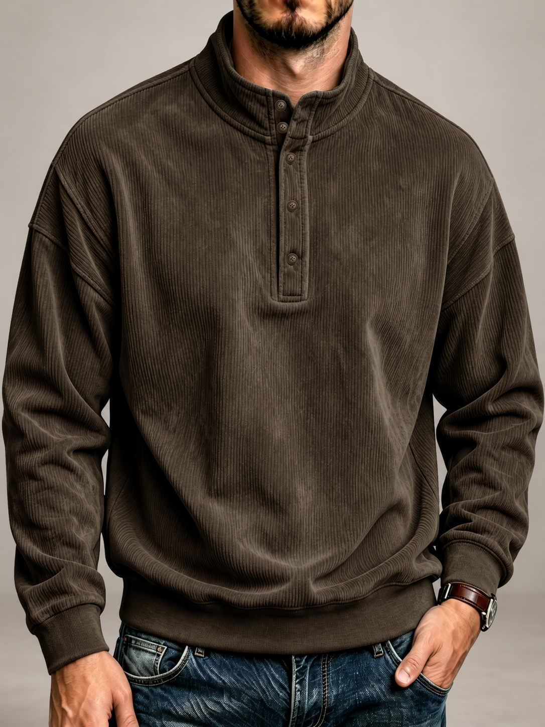 Coffee corduroy stand-collar pullover in a natural studio setting