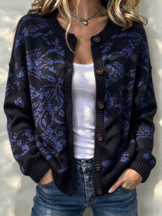 Women's Floral Jacquard Button-Front Knit Cardigan