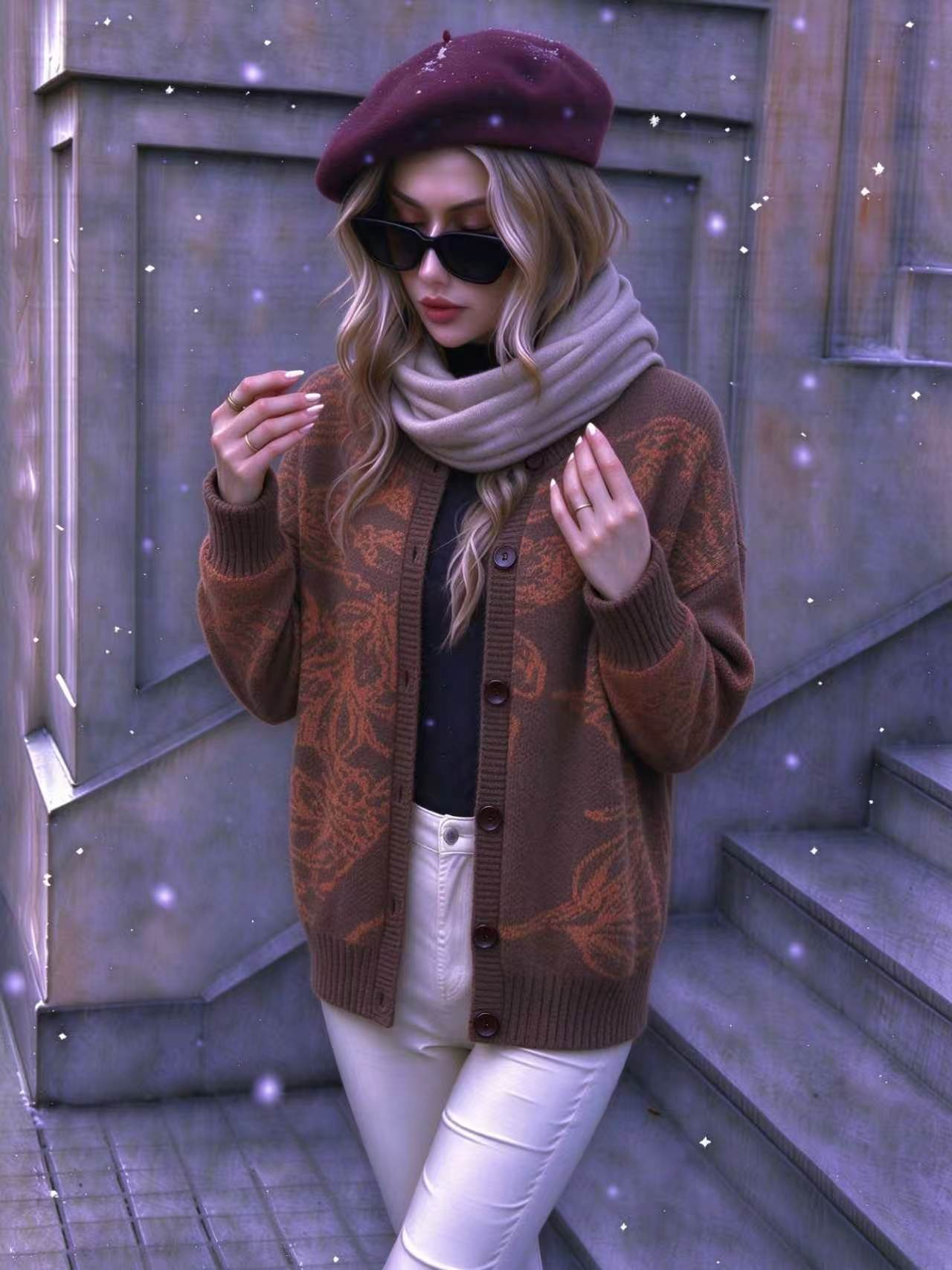 Women's Floral Jacquard Button-Front Knit Cardigan