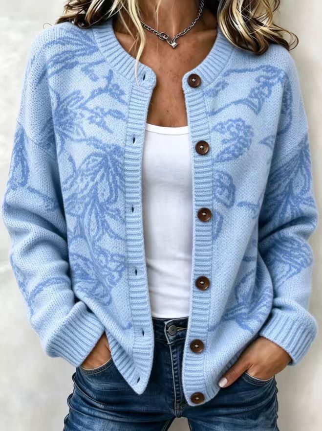 Women's Floral Jacquard Button-Front Knit Cardigan
