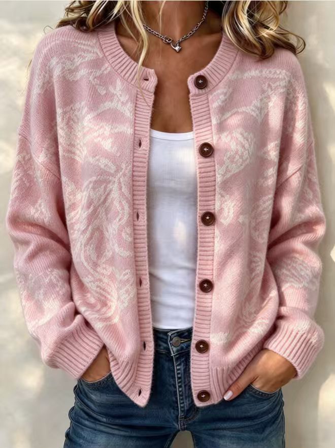 Women's Floral Jacquard Button-Front Knit Cardigan