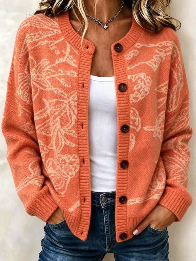 Women's Floral Jacquard Button-Front Knit Cardigan