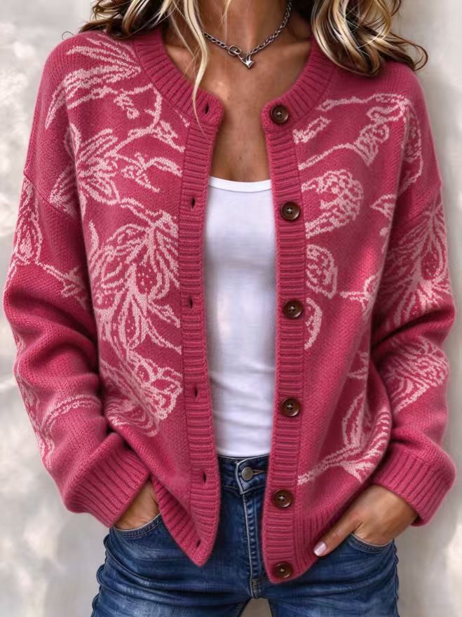 Women's Floral Jacquard Button-Front Knit Cardigan