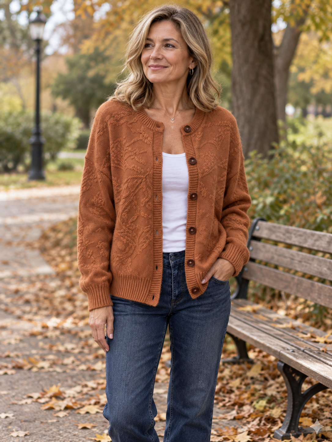 Light brown cardigan in an autumn park