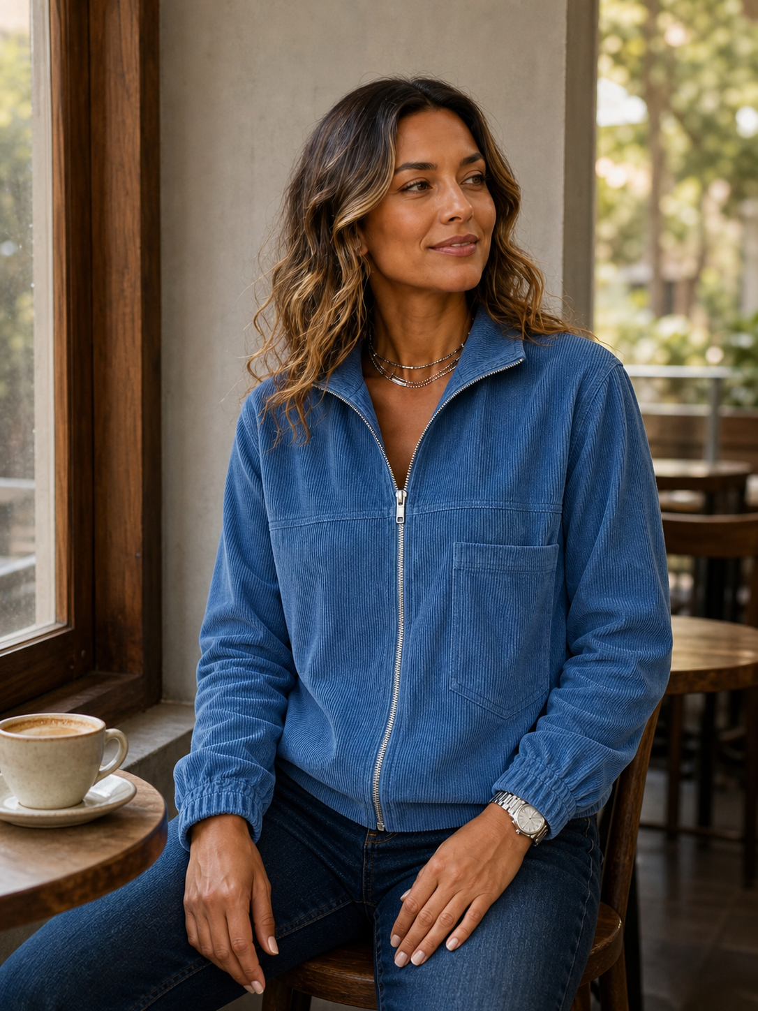 Woman wearing the blue corduroy jacket in an everyday cafe setting