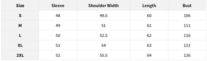Supplier garment measurement chart