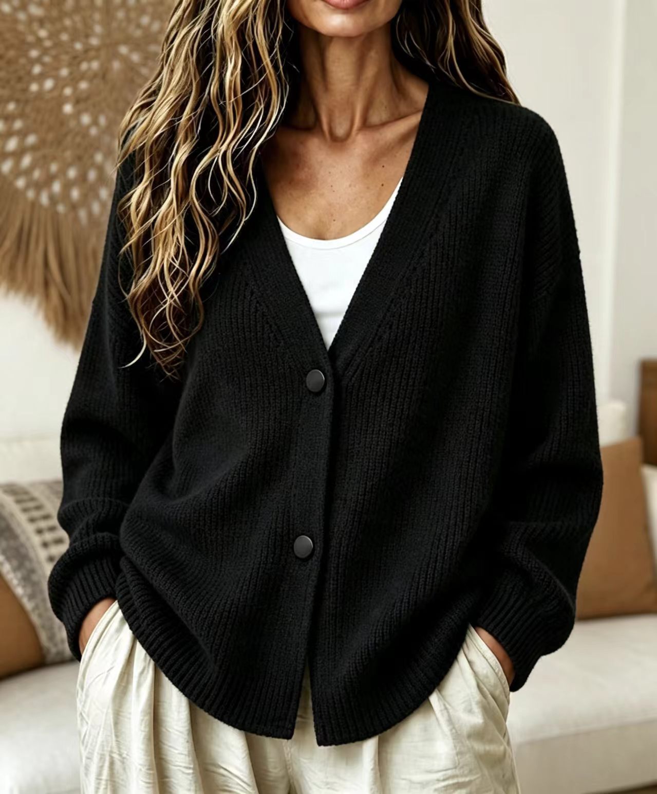 2026 cross-border European and American Amazon autumn and winter new V-neck button-down long-sleeved cardigan sweater jacket lazy style women's clothing