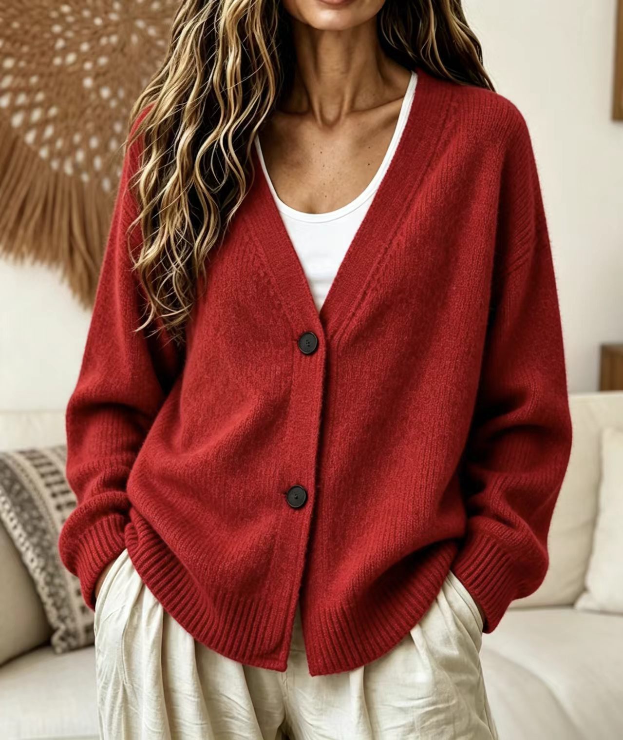 2026 cross-border European and American Amazon autumn and winter new V-neck button-down long-sleeved cardigan sweater jacket lazy style women's clothing