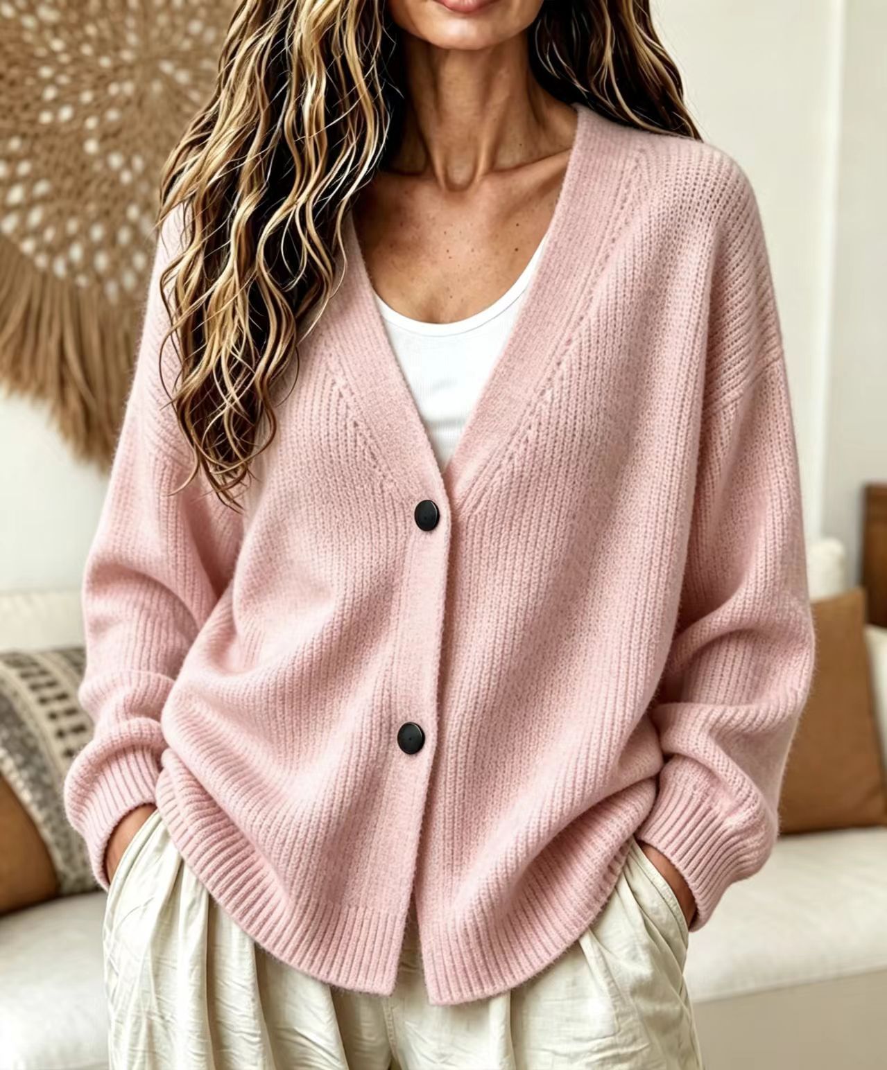 2026 cross-border European and American Amazon autumn and winter new V-neck button-down long-sleeved cardigan sweater jacket lazy style women's clothing