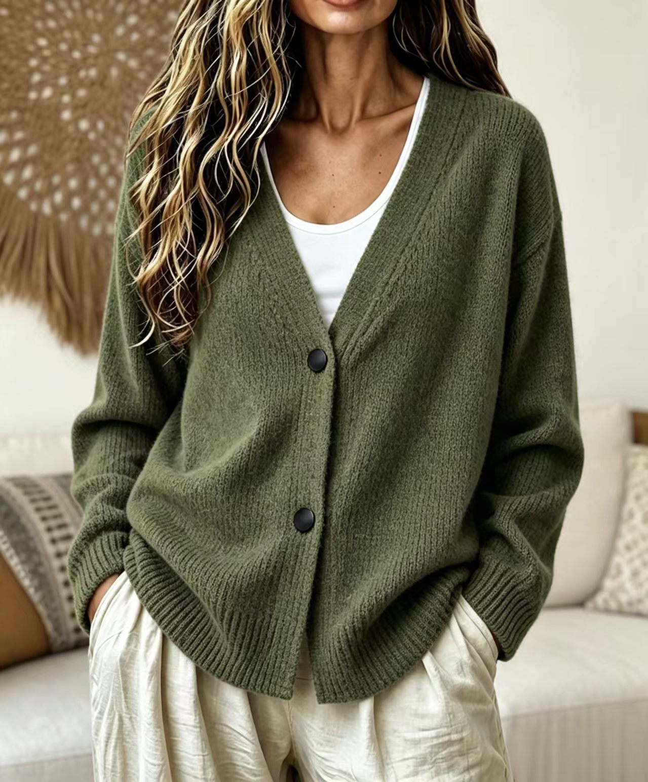 2026 cross-border European and American Amazon autumn and winter new V-neck button-down long-sleeved cardigan sweater jacket lazy style women's clothing