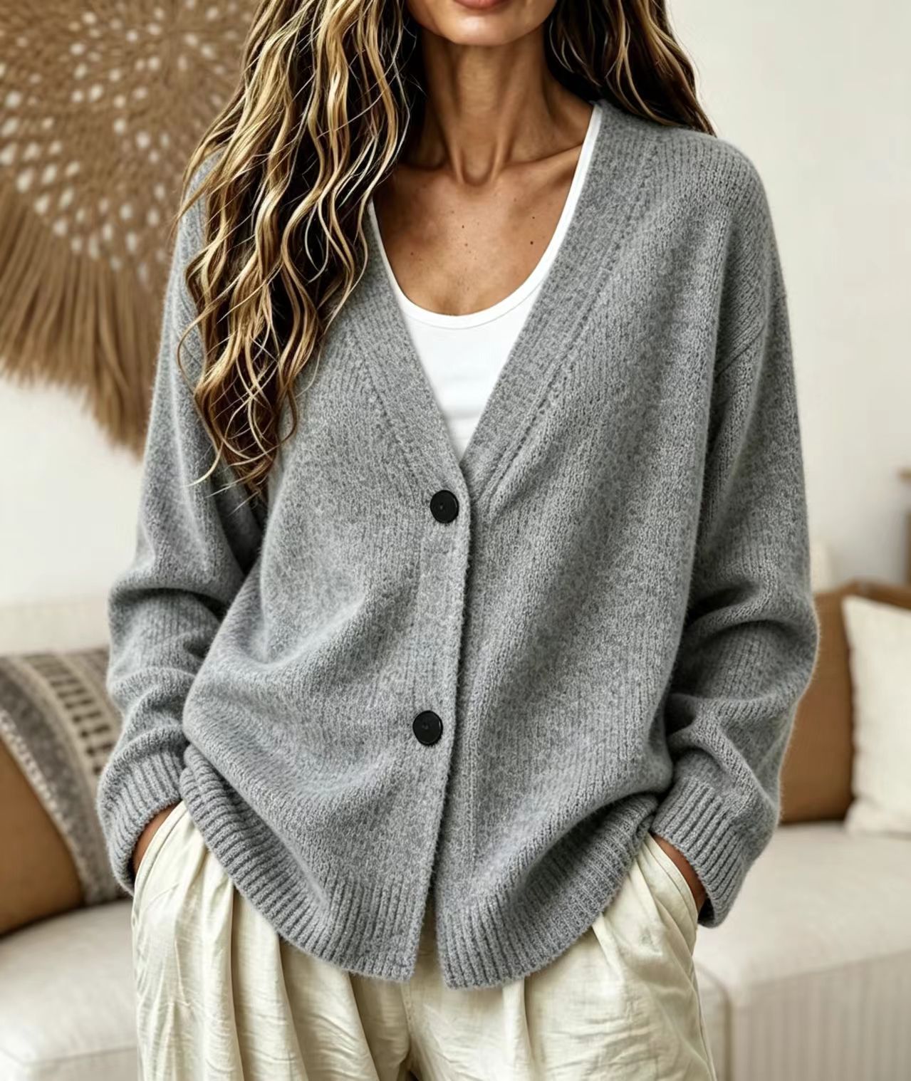 2026 cross-border European and American Amazon autumn and winter new V-neck button-down long-sleeved cardigan sweater jacket lazy style women's clothing