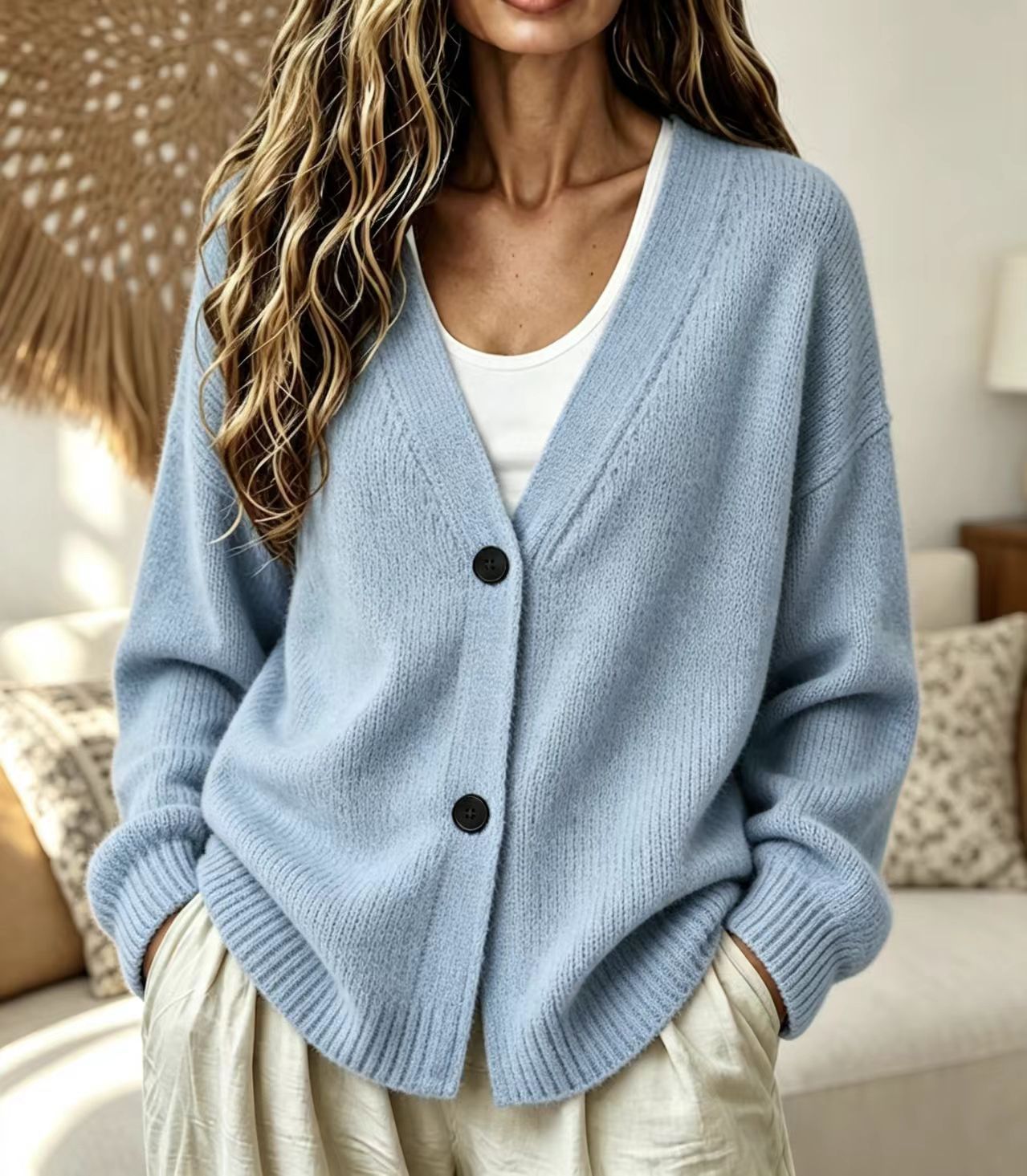 2026 cross-border European and American Amazon autumn and winter new V-neck button-down long-sleeved cardigan sweater jacket lazy style women's clothing