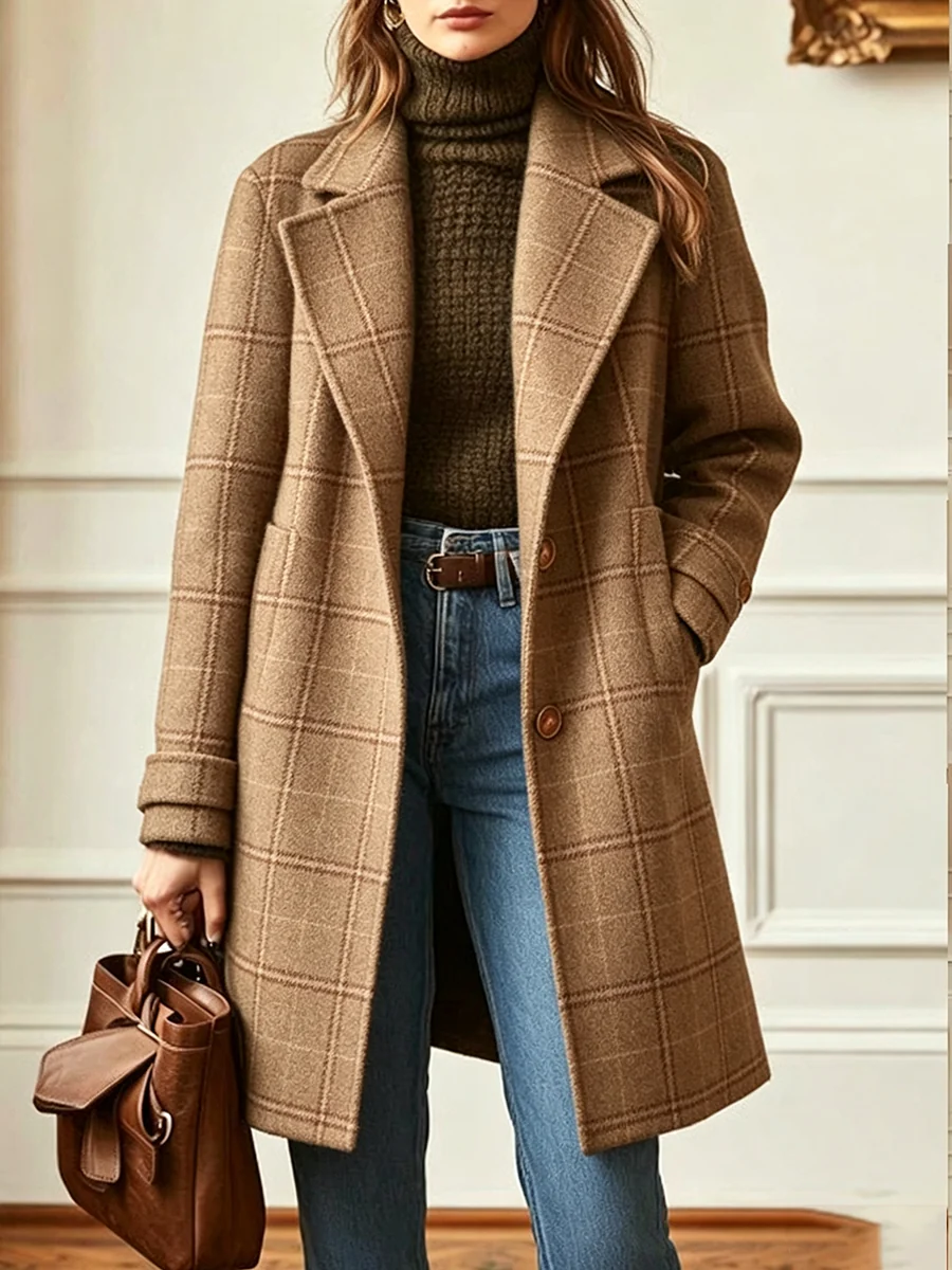 Windowpane Plaid Wool-Blend Coat