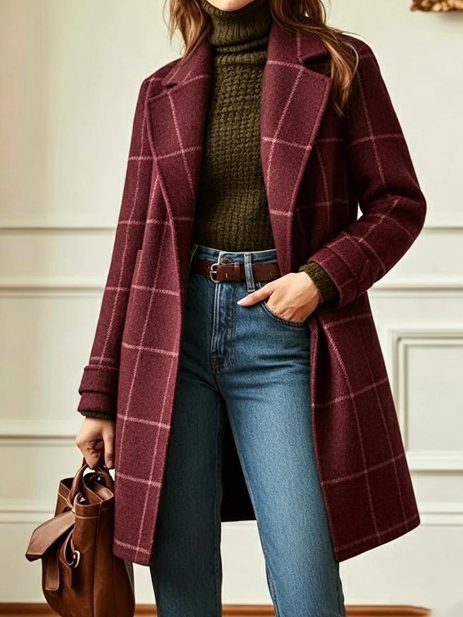 Windowpane Plaid Wool-Blend Coat