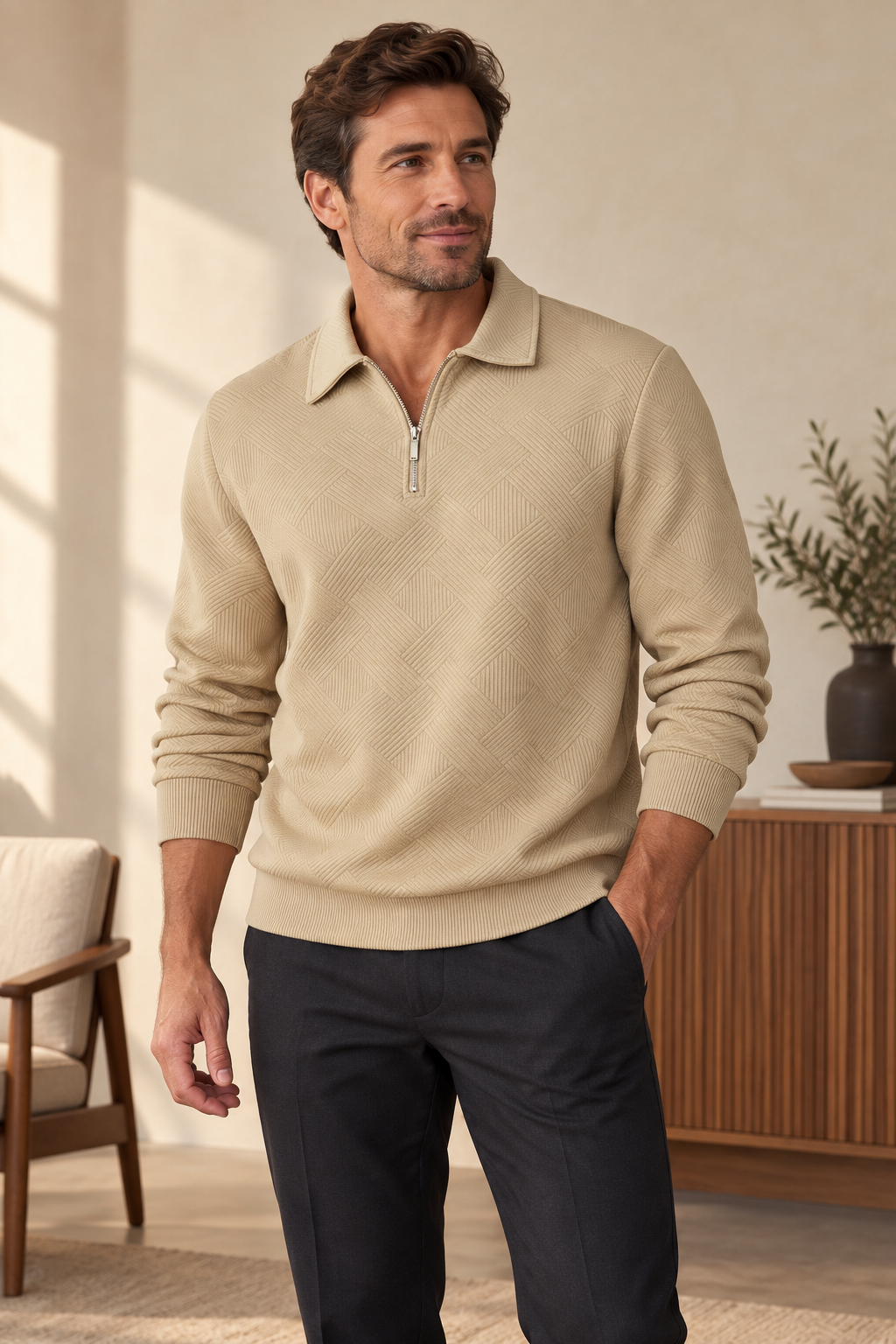Man wearing the khaki textured half-zip polo sweatshirt