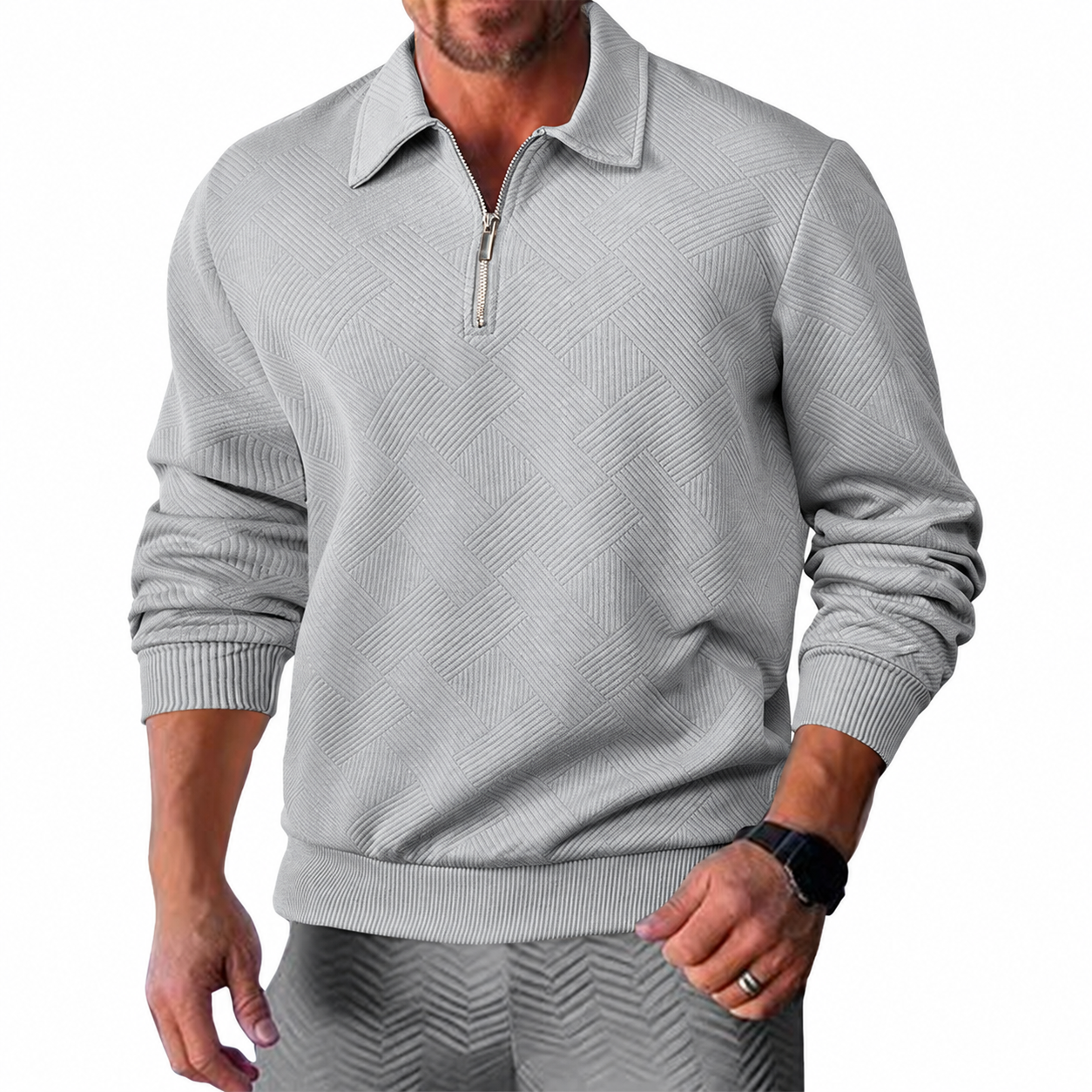 Men's Textured Half-Zip Polo Sweatshirt - Light gray model view