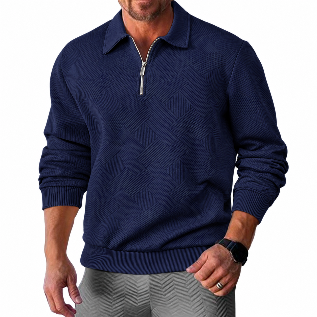 Men's Textured Half-Zip Polo Sweatshirt - Navy blue model view