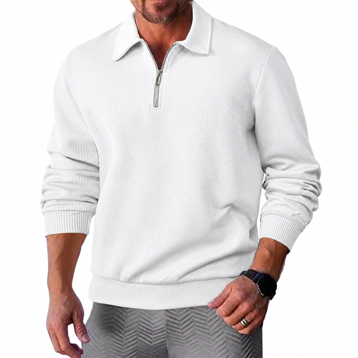 Men's Textured Half-Zip Polo Sweatshirt - White model view