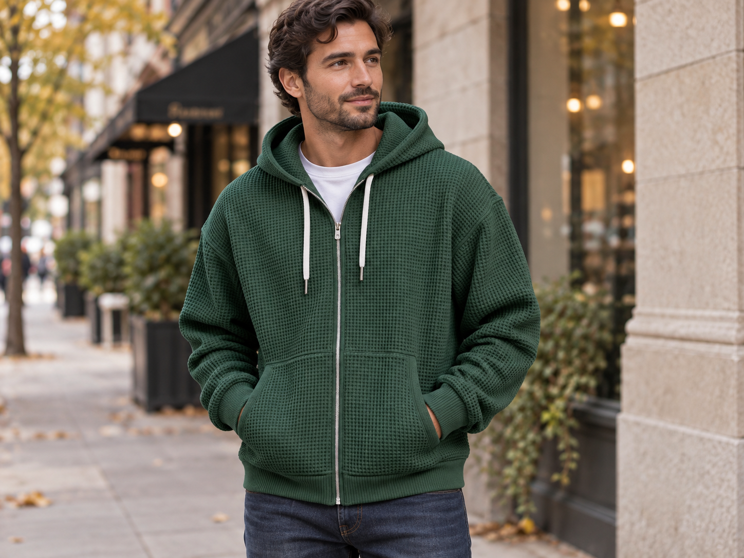 Man styling the forest green waffle-knit zip-up hoodie
