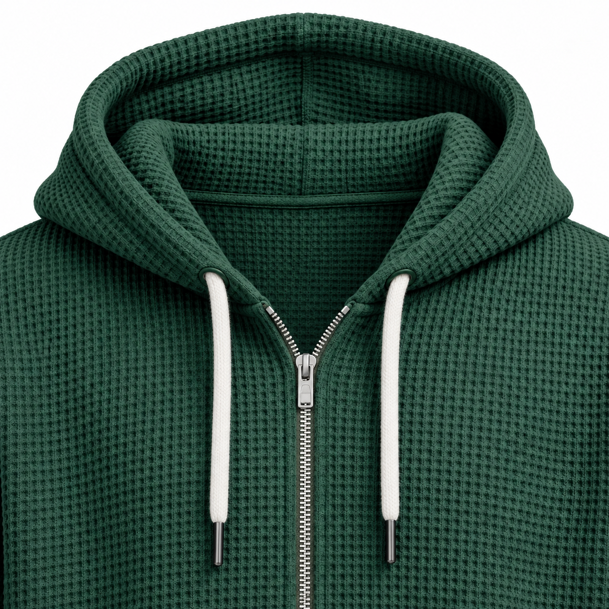 Close-up of the drawstring hood and waffle texture