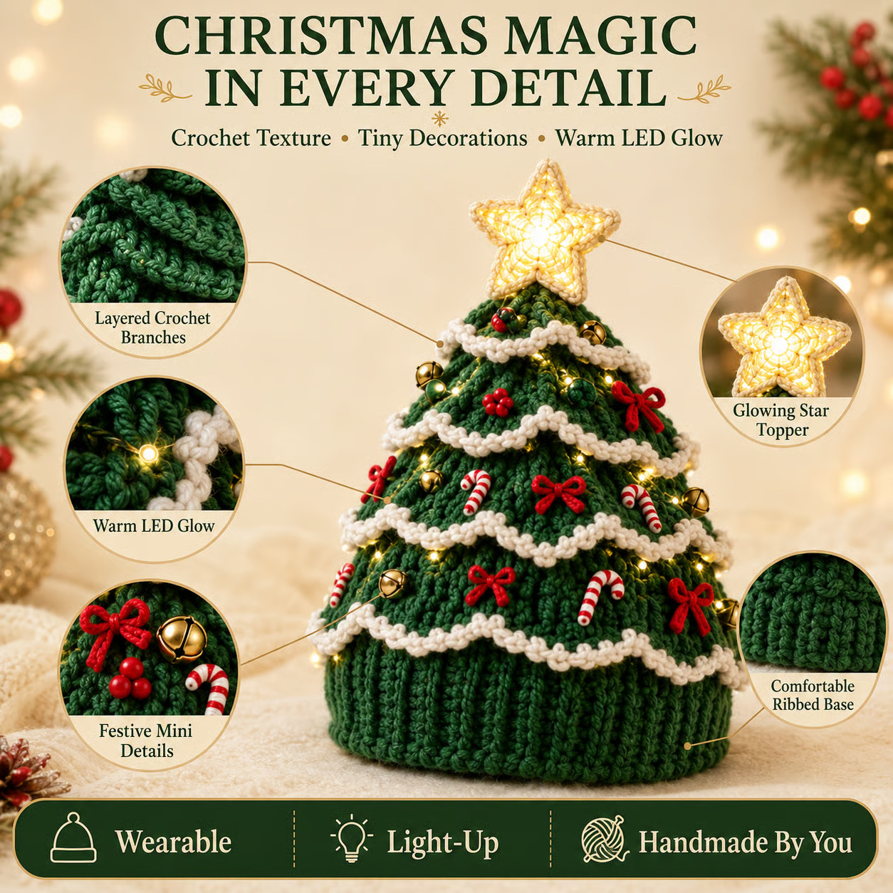 🔥Black Friday Deals 49% OFF--🎄Complete Light-Up Christmas Tree Crochet Hat DIY Kit