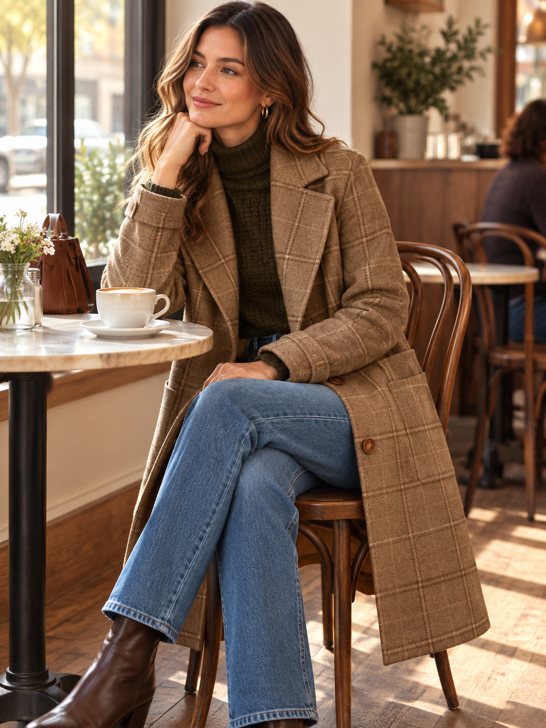 A khaki plaid coat creates a relaxed caf&eacute; look.