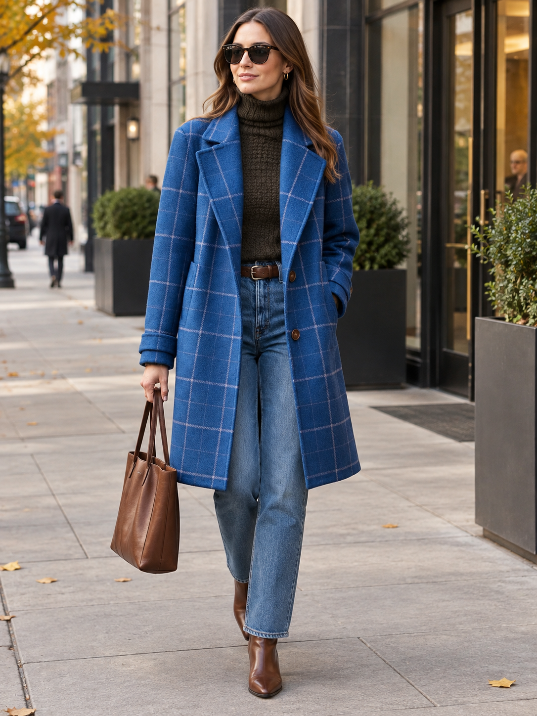 A blue windowpane patterned coat, suitable for city commuting.