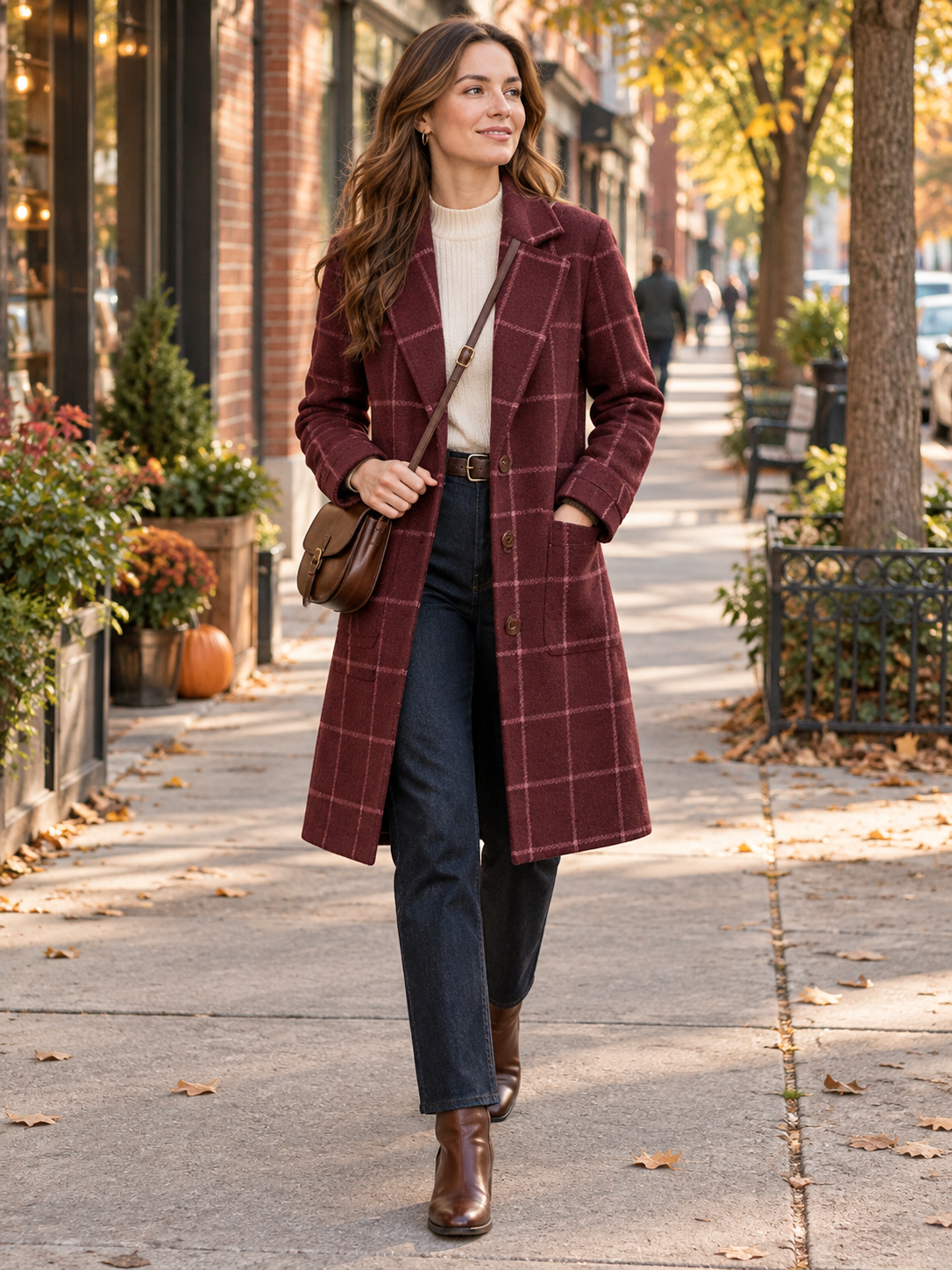A burgundy plaid coat, perfect for a weekend stroll.