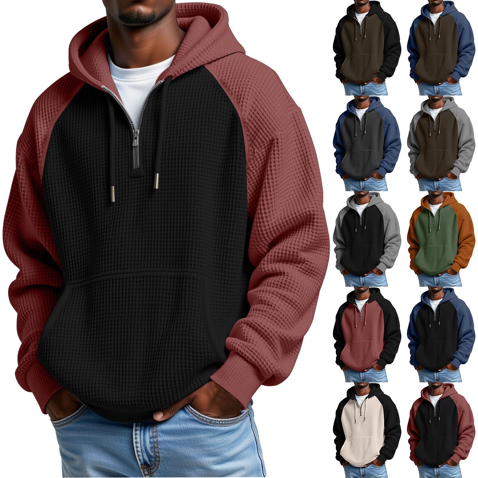 Men's Colorblock Waffle-Knit Zip-Up Hoodie