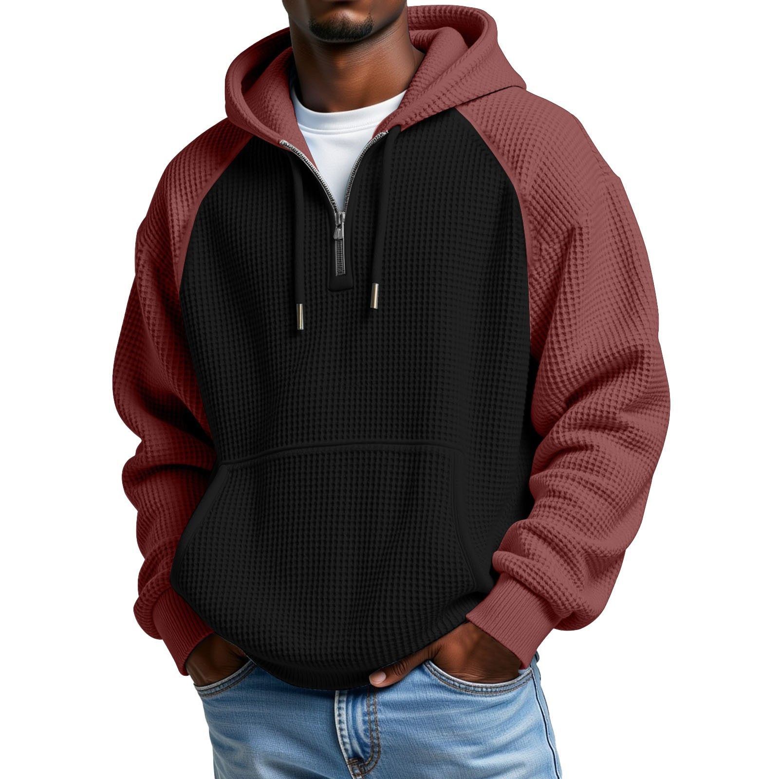 Men's colorblock waffle-knit zip-up hoodie in Black / Red