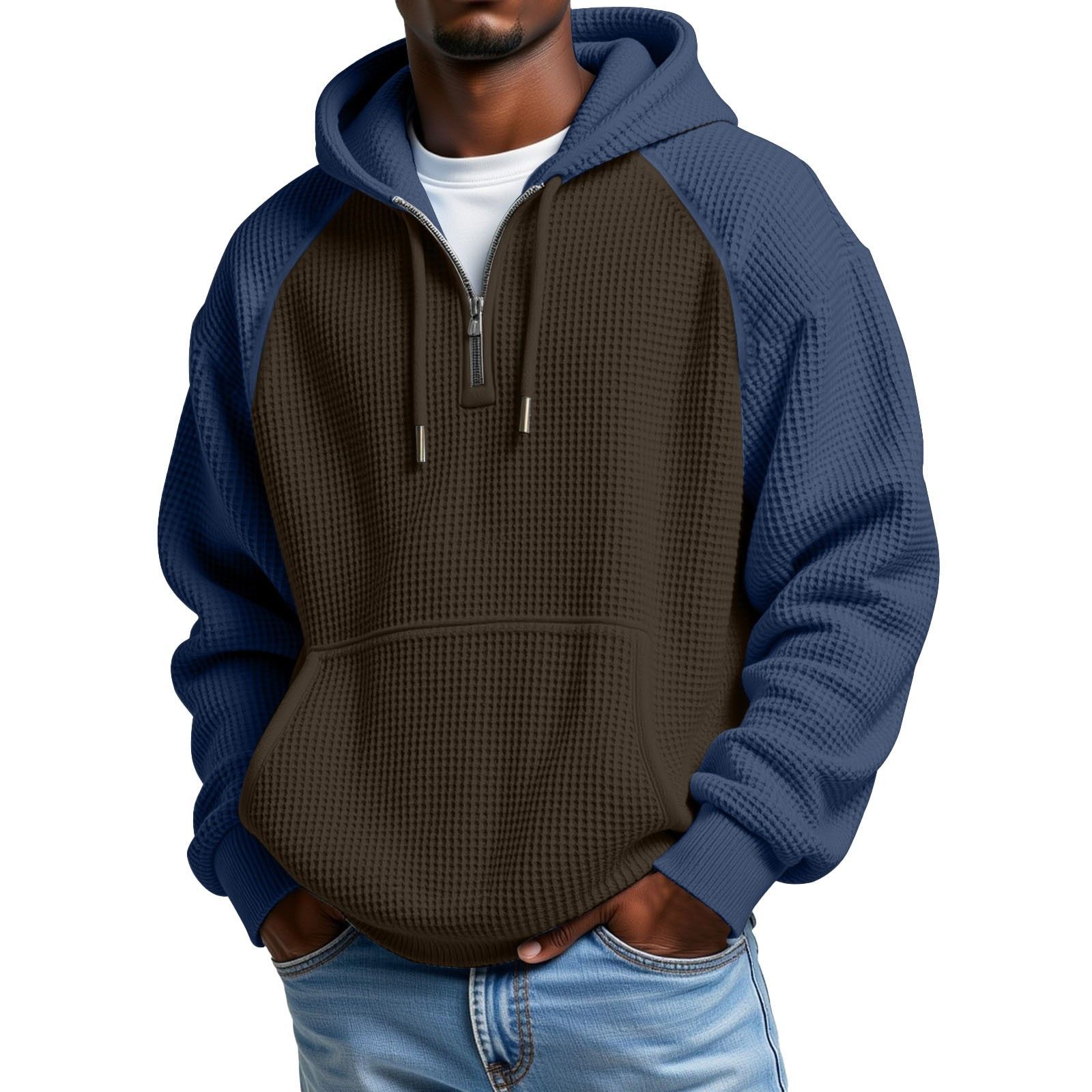 Men's colorblock waffle-knit zip-up hoodie in Brown / Teal