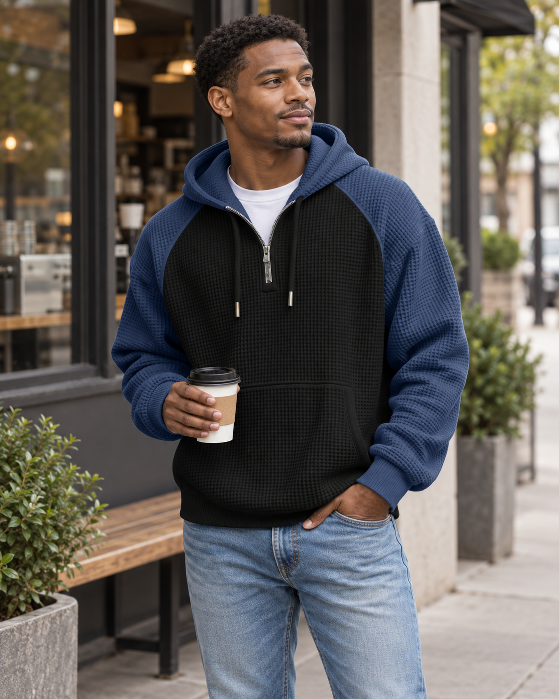 Man wearing the black and blue colorblock waffle hoodie outside a coffee shop
