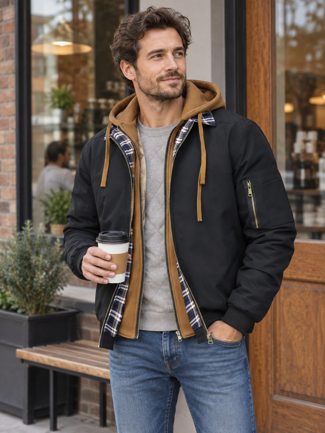 Model wearing the black layered hooded jacket outside a neighborhood café