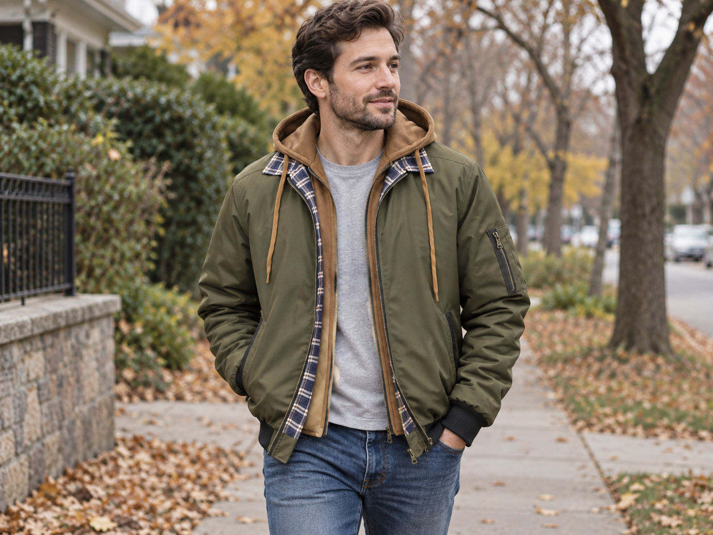 Model wearing the army green layered hooded jacket during a neighborhood walk