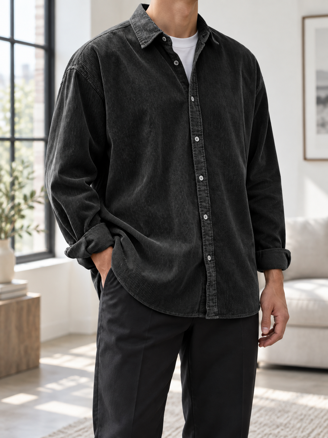 Black overshirt buttoned in a bright indoor setting