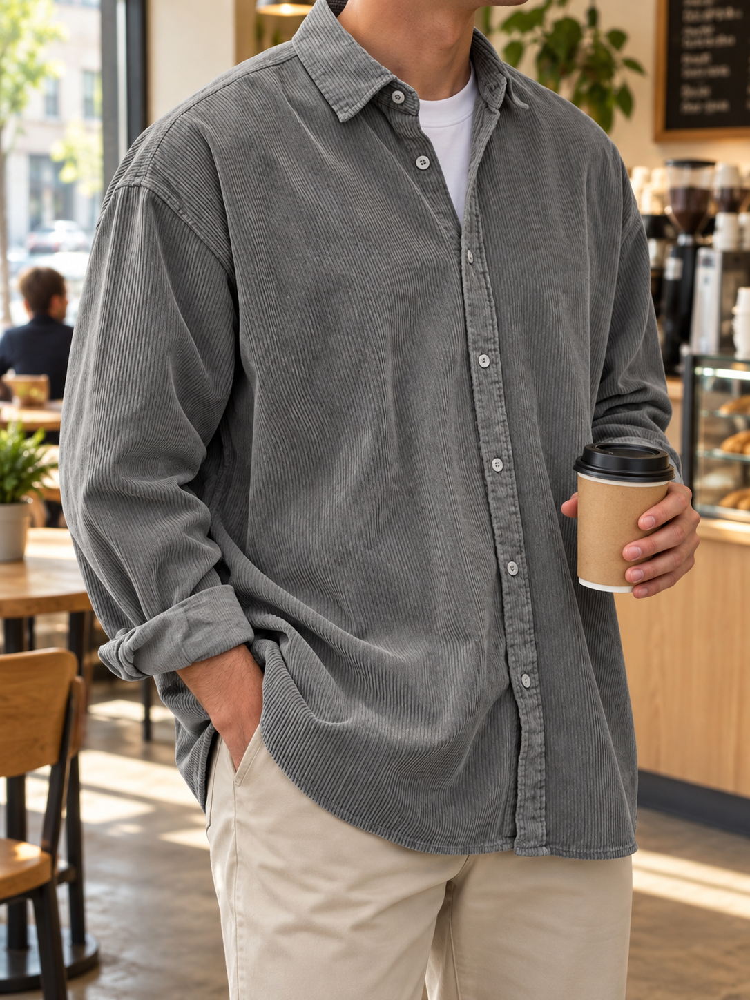 Grey corduroy overshirt styled at a neighborhood cafe