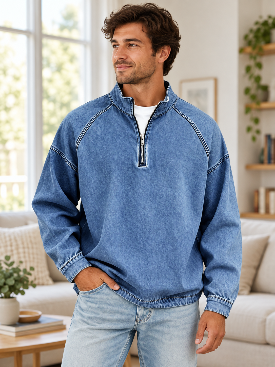 Vintage blue quarter-zip pullover styled in a bright home setting