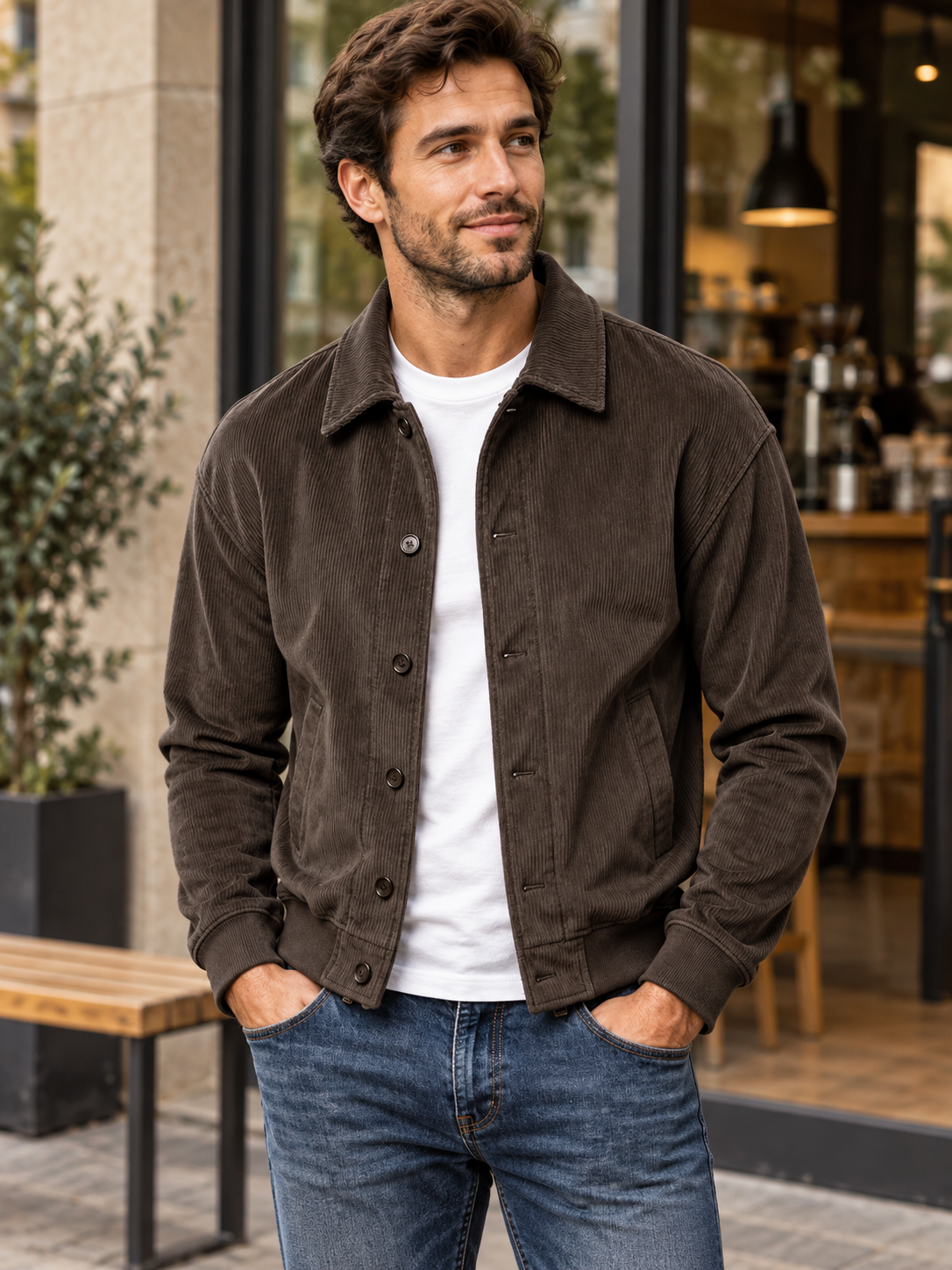Brown corduroy jacket styled outside a neighborhood cafe