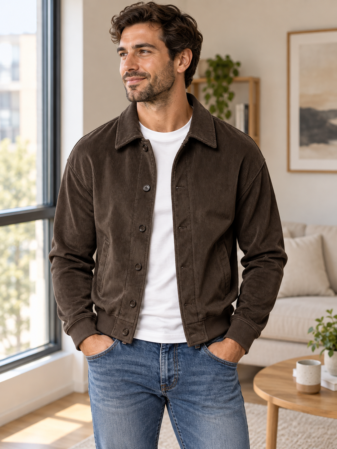 Brown corduroy jacket styled in a bright indoor setting
