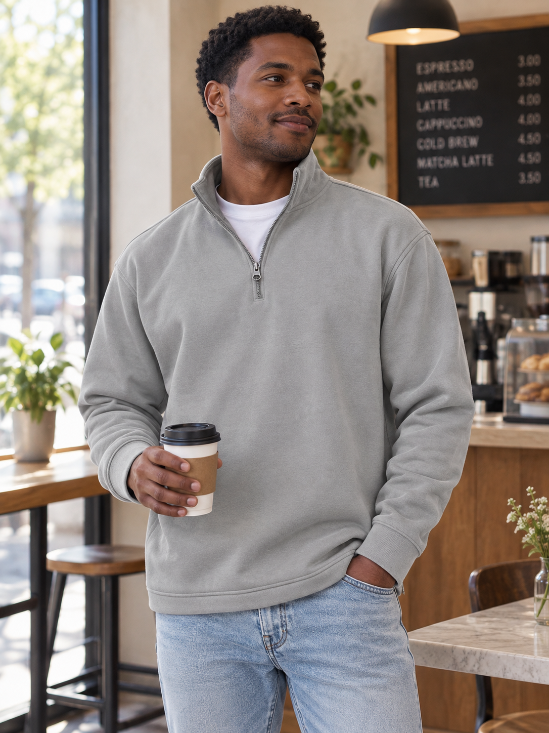 Light grey quarter-zip sweatshirt styled in a café