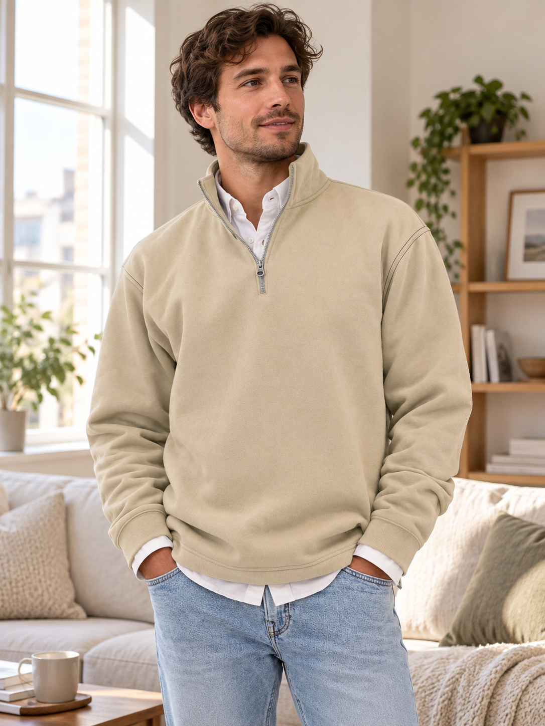 Khaki quarter-zip sweatshirt worn in a relaxed home setting
