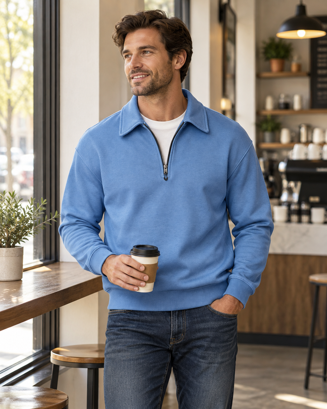 Light blue quarter-zip polo sweatshirt styled in a coffee shop