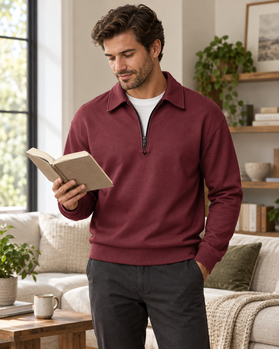 Burgundy quarter-zip sweatshirt worn at home
