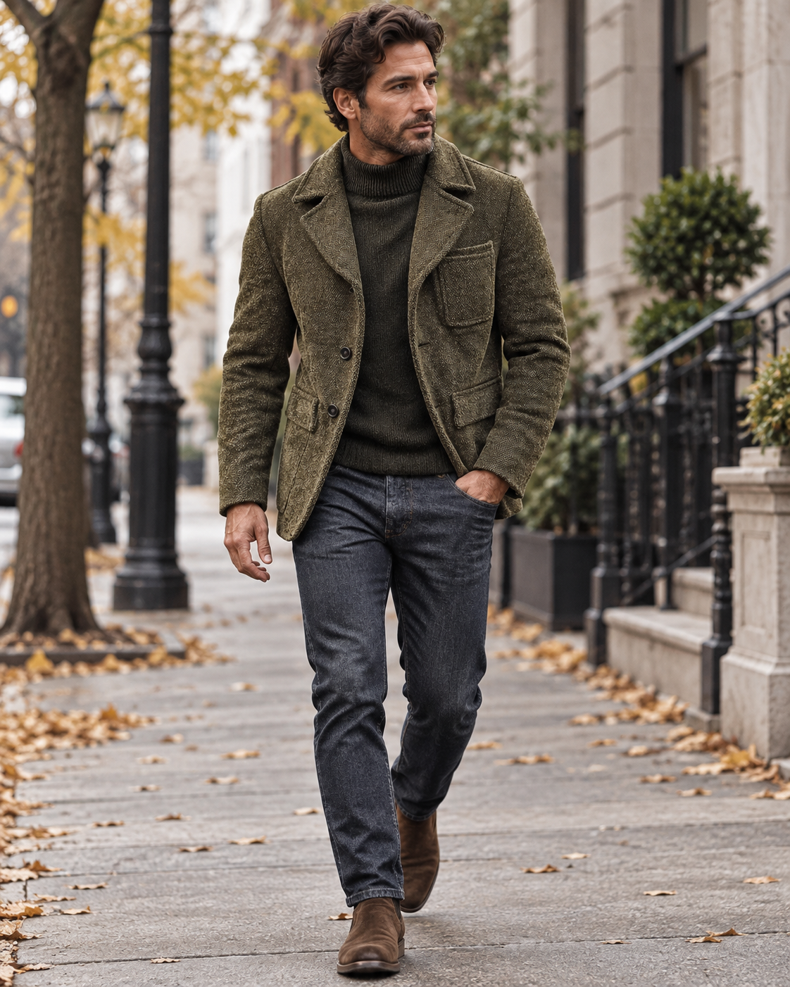 Man wearing the Army Green vintage blazer on a city street