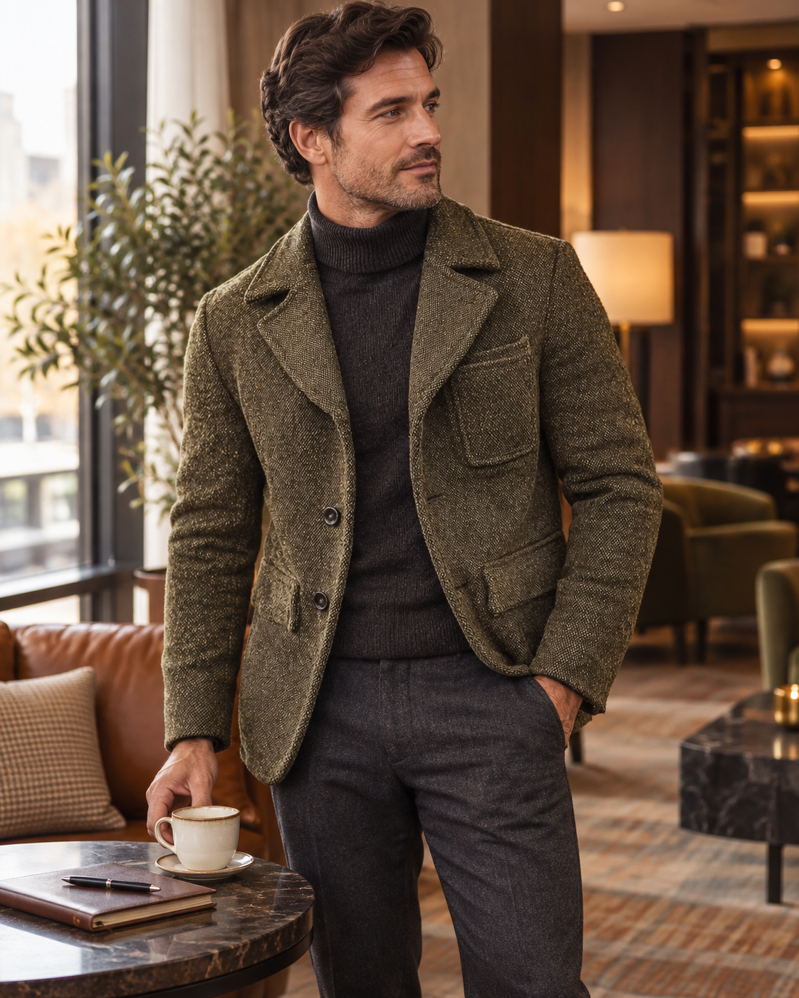 Man wearing the blazer in a warm lounge