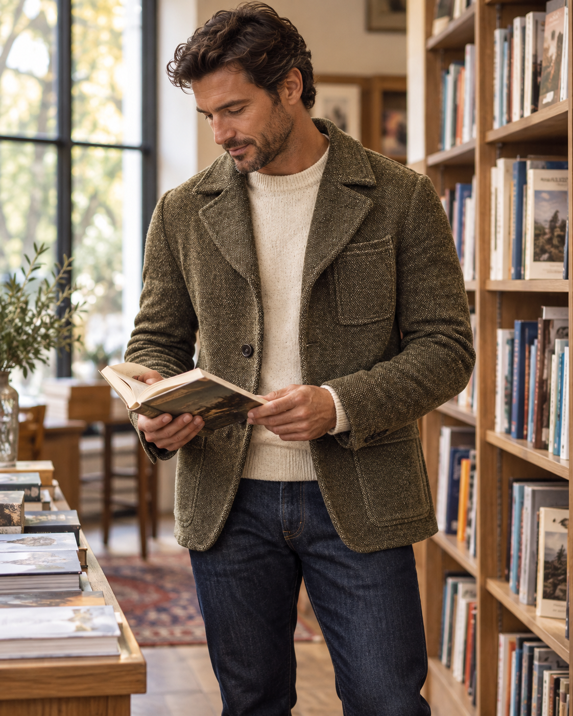 Man wearing the blazer in a bookstore