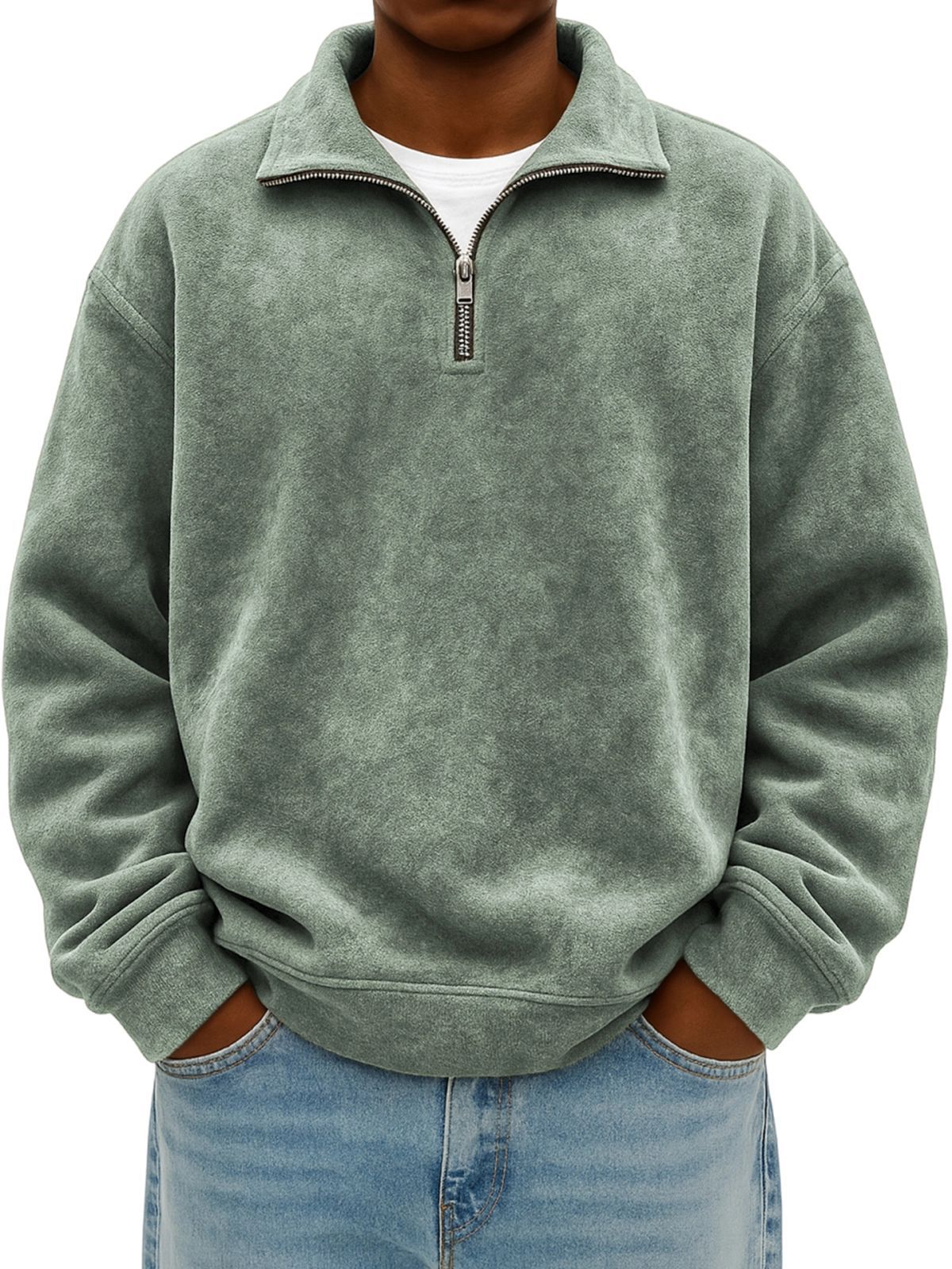 Men's Relaxed Plush Half-Zip Stand-Collar Sweatshirt
