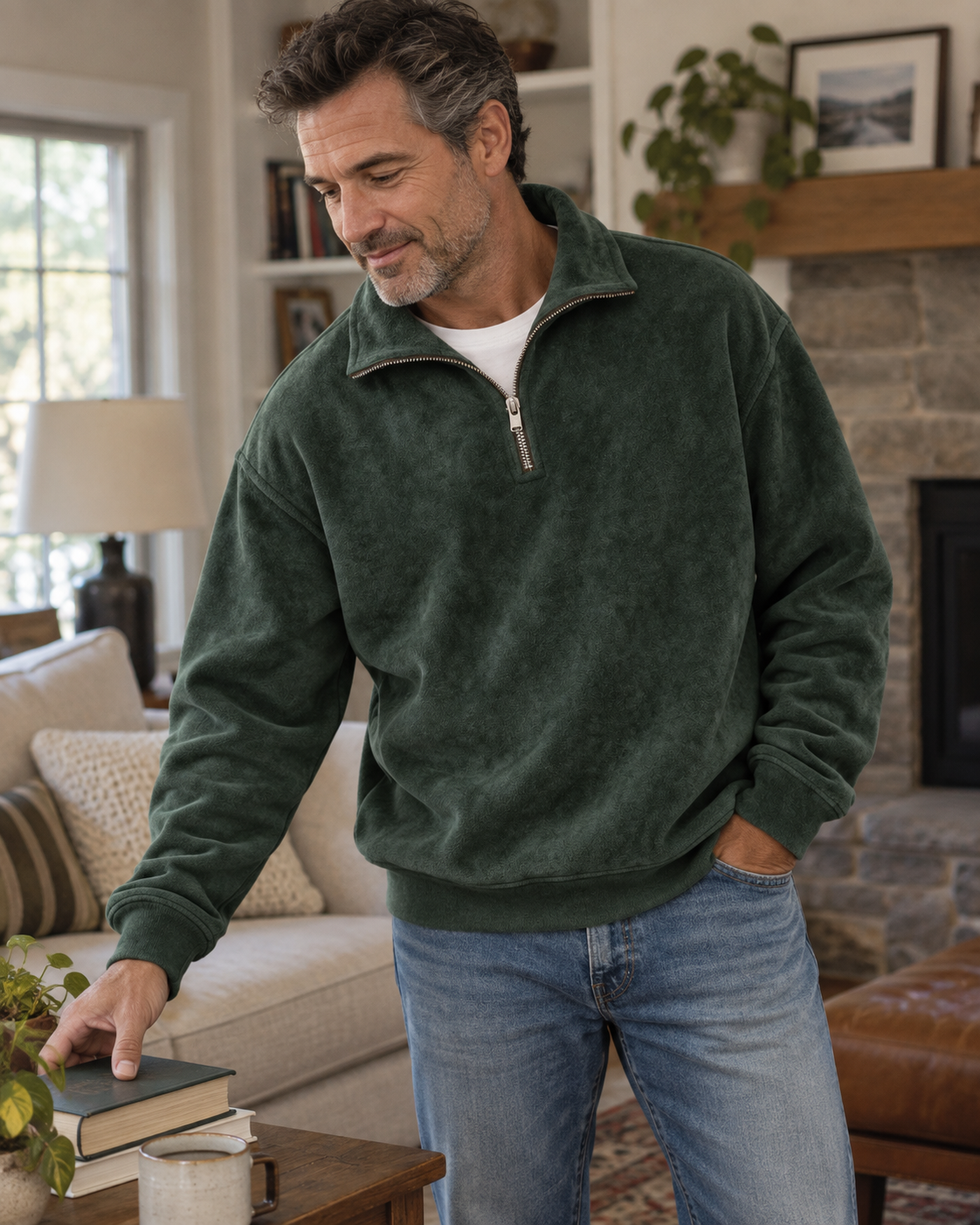 Dark green half-zip sweatshirt worn at home