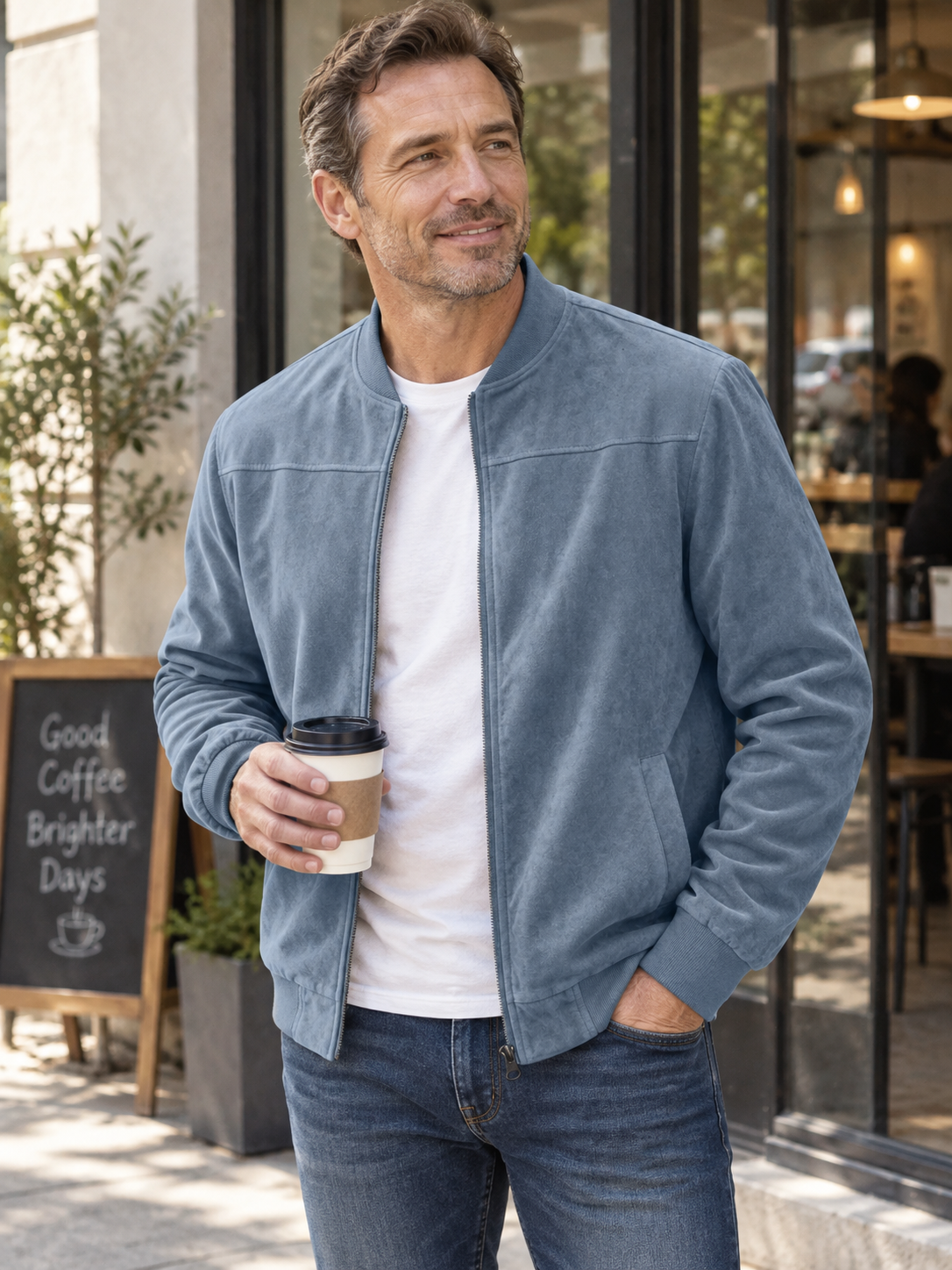Man styling the blue grey stand-collar zip jacket