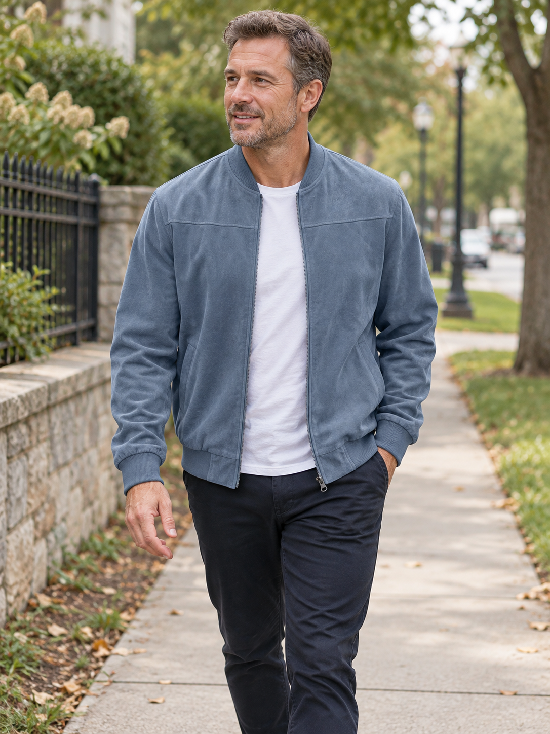 Man wearing the blue grey jacket on a casual walk